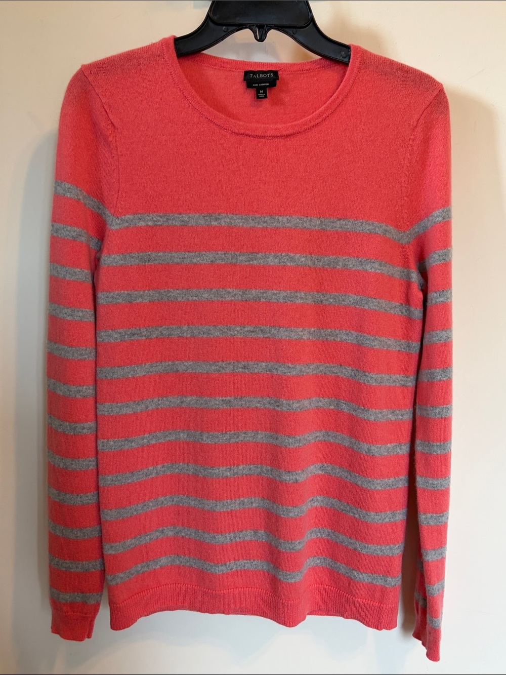 Talbots Pure Cashmere Sweater M Coral Gray Striped Crewneck Pullover